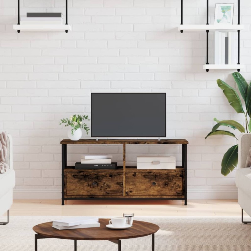 vidaXL Mueble TV hierro madera contrachapada roble ahumado 90x33x45cm vidaXL Mueble TV hierro madera contrachapada roble ahumado 90x33x45cm