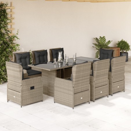 vidaXL Set comedor de jardín 9 pzas cojines ratán sintético gris claro