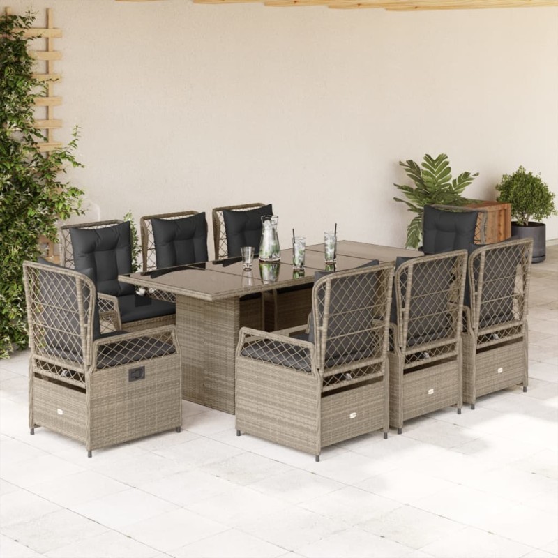 vidaXL Set comedor de jardín 9 pzas cojines ratán sintético gris claro