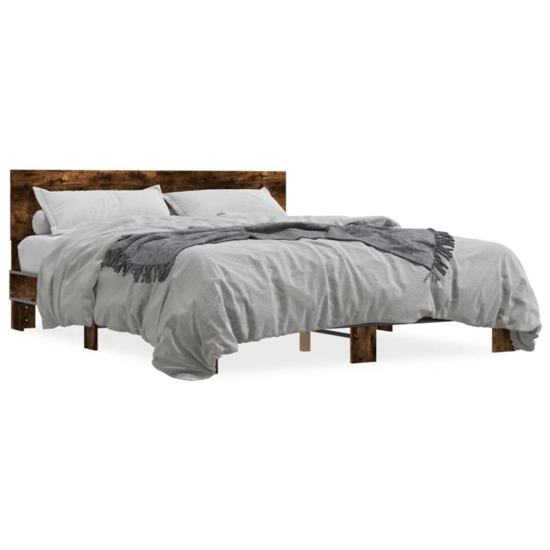 vidaXL Estructura cama madera ingeniería metal roble ahumado 150x200cm vidaXL Estructura cama madera ingeniería metal roble ahumado 150x200cm