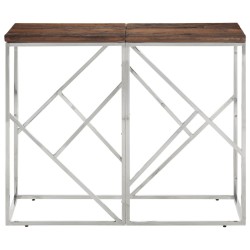 vidaXL Mesa consola acero inoxidable madera maciza traviesa plateado