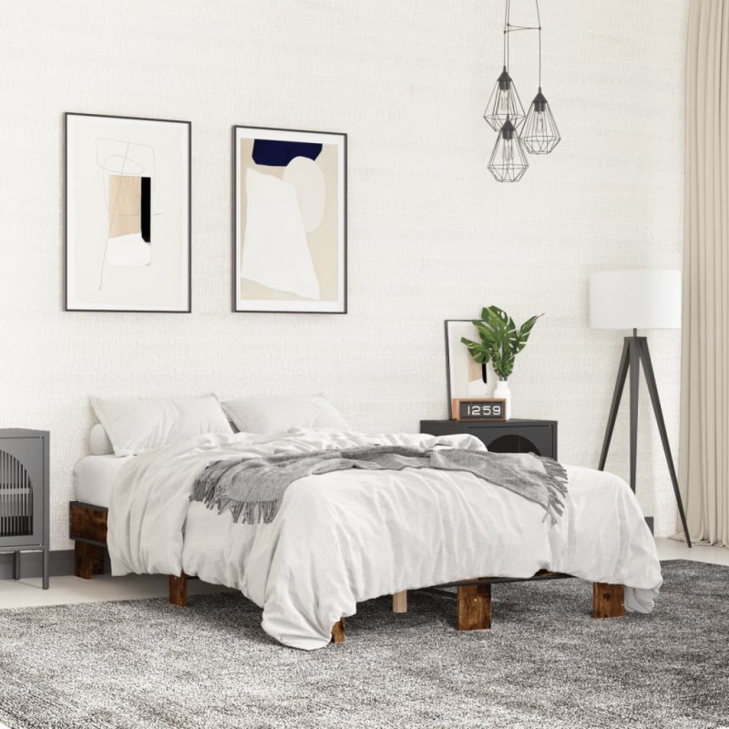 vidaXL Estructura cama madera ingeniería metal roble ahumado 120x190cm vidaXL Estructura cama madera ingeniería metal roble ahumado 120x190cm