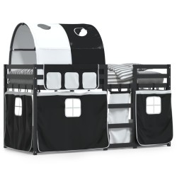 vidaXL Litera con cortinas madera maciza pino blanco y negro 75x190 cm