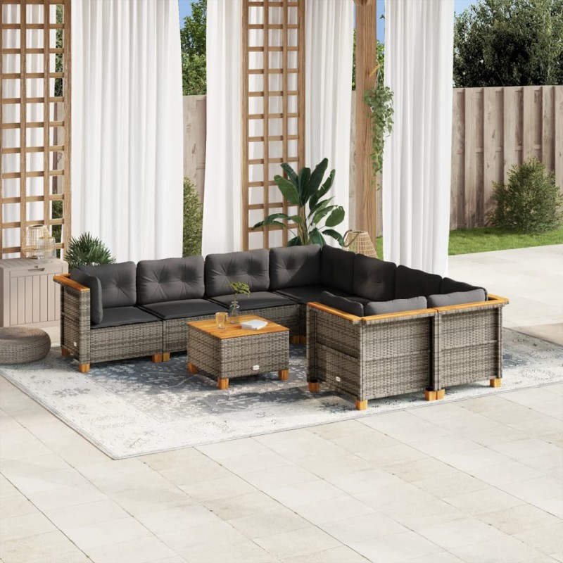 vidaXL Set de muebles de jardín 9 pzas y cojines ratán sintético gris vidaXL Set de muebles de jardín 9 pzas y cojines ratán sintético gris