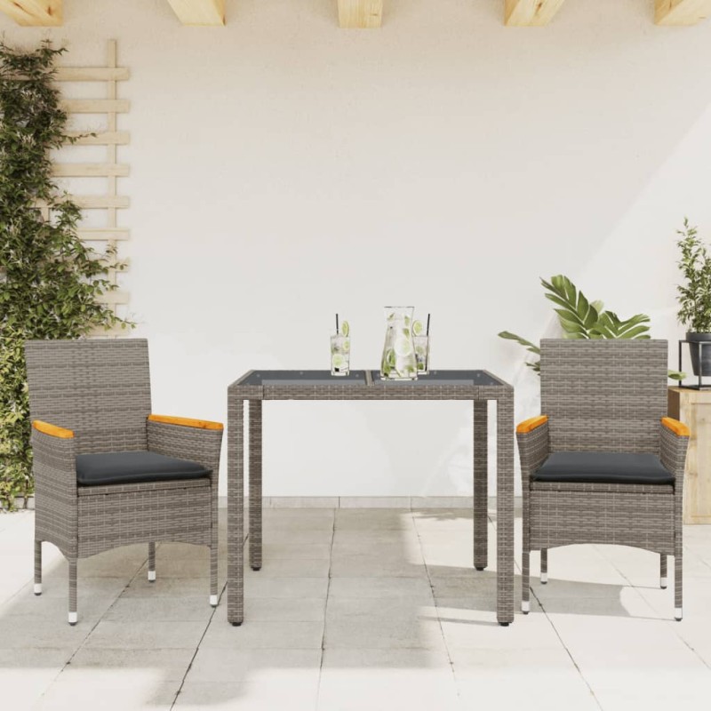 vidaXL Set comedor jardín 3 pzas y cojines ratán sintético vidrio gris vidaXL Set comedor jardín 3 pzas y cojines ratán sintético vidrio gris