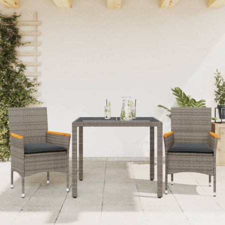 vidaXL Set comedor jardín 3 pzas y cojines ratán sintético vidrio gris
