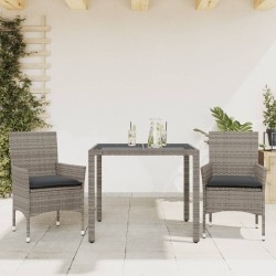vidaXL Set comedor jardín 3 pzas y cojines ratán sintético vidrio gris