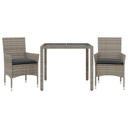 vidaXL Set comedor jardín 3 pzas y cojines ratán sintético vidrio gris