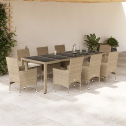 vidaXL Set comedor jardín 9 pzas cojines ratán sintético vidrio beige
