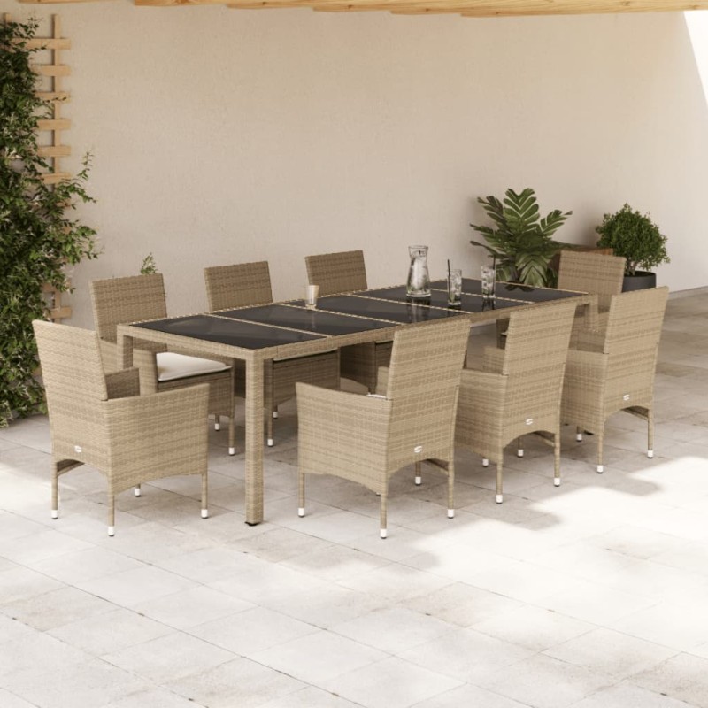 vidaXL Set comedor jardín 9 pzas cojines ratán sintético vidrio beige vidaXL Set comedor jardín 9 pzas cojines ratán sintético vidrio beige