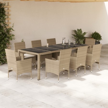 vidaXL Set comedor jardín 9 pzas cojines ratán sintético vidrio beige