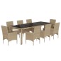 vidaXL Set comedor jardín 9 pzas cojines ratán sintético vidrio beige vidaXL Set comedor jardín 9 pzas cojines ratán sintético vidrio beige
