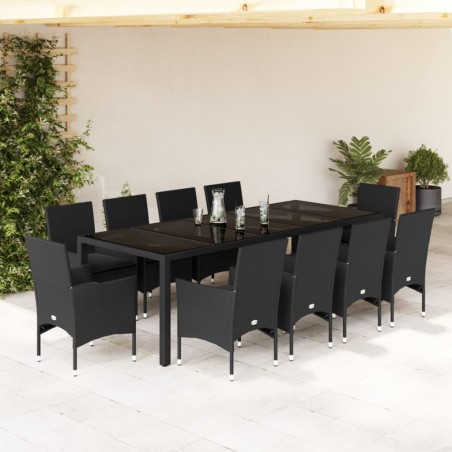 vidaXL Set comedor jardín 11 pzas cojines ratán sintético vidrio negro