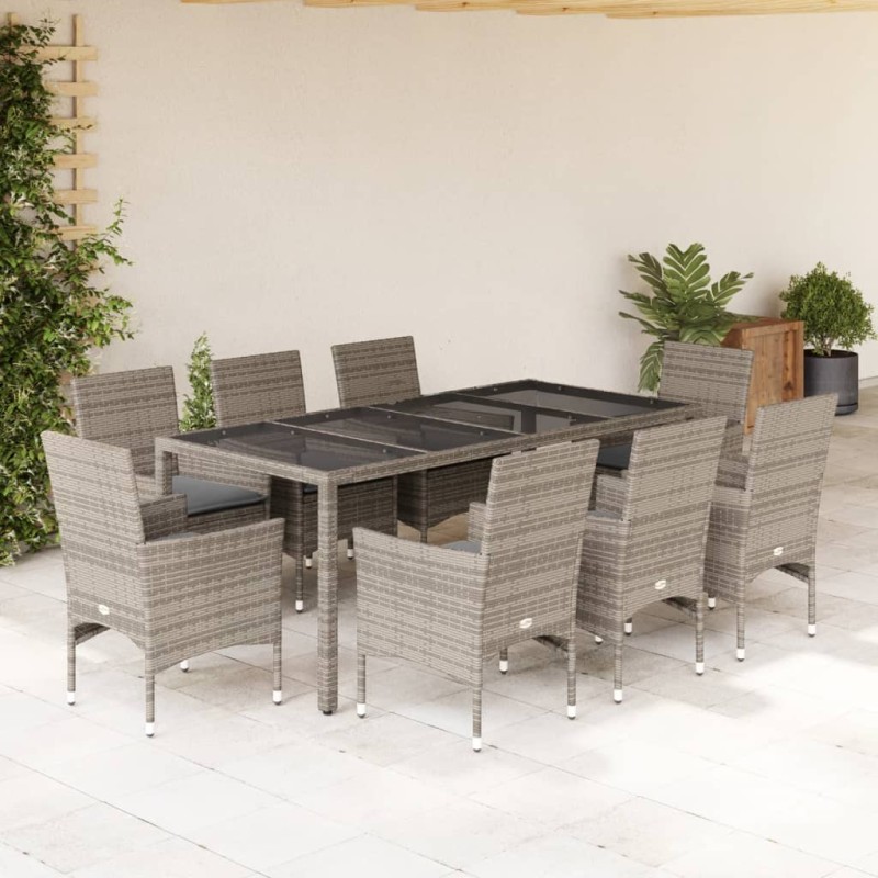vidaXL Set comedor jardín 9 pzas y cojines ratán sintético vidrio gris vidaXL Set comedor jardín 9 pzas y cojines ratán sintético vidrio gris