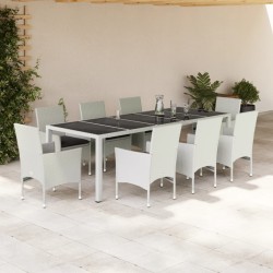 vidaXL Set comedor jardín 9 pzas cojines ratán sintético vidrio blanco