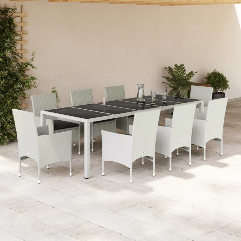 vidaXL Set comedor jardín 9 pzas cojines ratán sintético vidrio blanco vidaXL Set comedor jardín 9 pzas cojines ratán sintético vidrio blanco