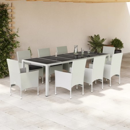 vidaXL Set comedor jardín 9 pzas cojines ratán sintético vidrio blanco