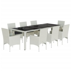 vidaXL Set comedor jardín 9 pzas cojines ratán sintético vidrio blanco