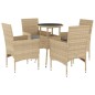 vidaXL Set comedor jardín 5 pzas cojines ratán sintético vidrio beige vidaXL Set comedor jardín 5 pzas cojines ratán sintético vidrio beige