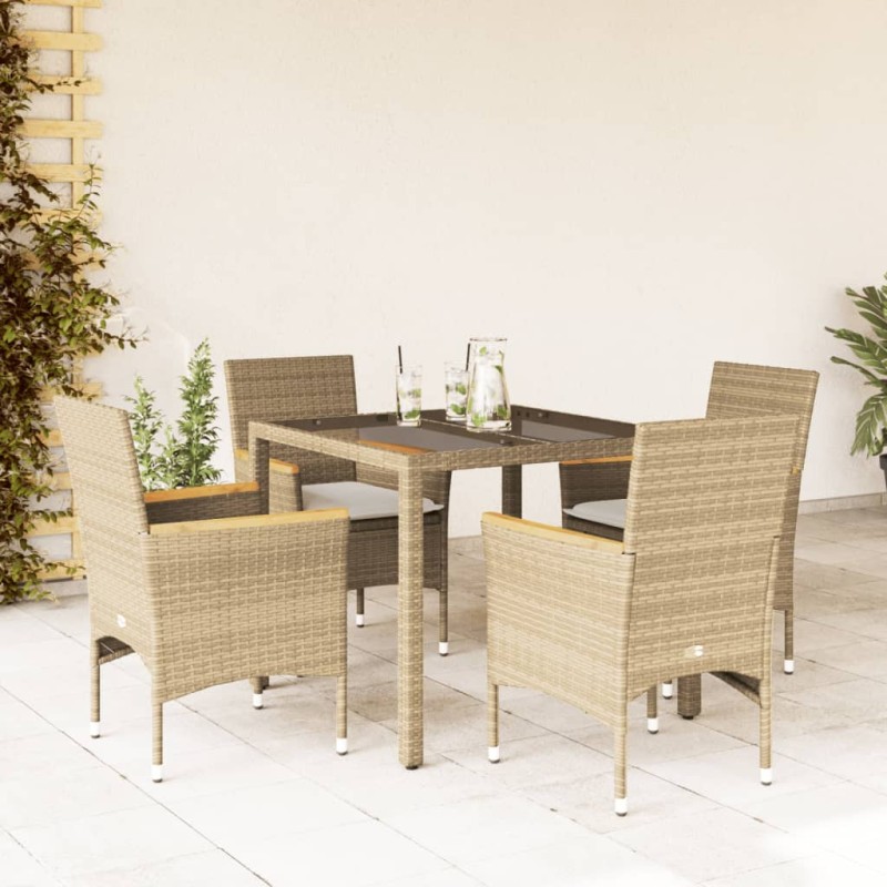 vidaXL Set comedor jardín 5 pzas cojines ratán sintético vidrio beige vidaXL Set comedor jardín 5 pzas cojines ratán sintético vidrio beige