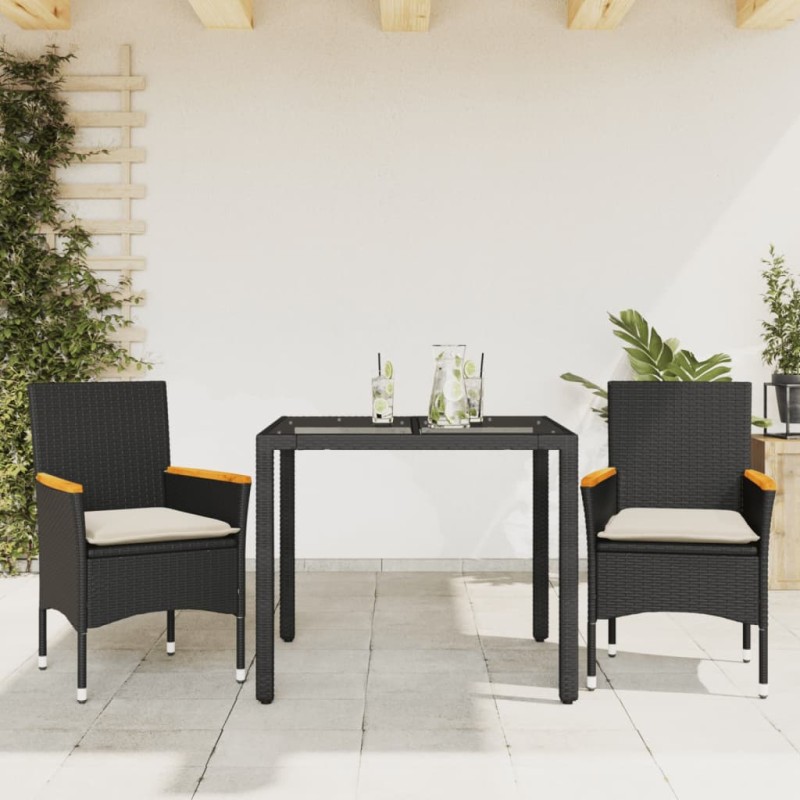 vidaXL Set comedor jardín 3 pzas cojines ratán sintético vidrio negro vidaXL Set comedor jardín 3 pzas cojines ratán sintético vidrio negro
