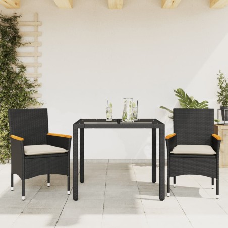 vidaXL Set comedor jardín 3 pzas cojines ratán sintético vidrio negro