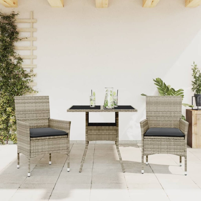 vidaXL Set comedor jardín 3 pzas y cojines ratán PE vidrio gris claro vidaXL Set comedor jardín 3 pzas y cojines ratán PE vidrio gris claro