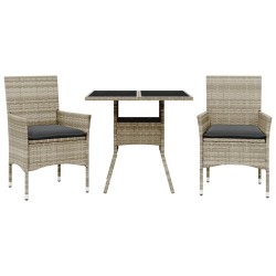 vidaXL Set comedor jardín 3 pzas y cojines ratán PE vidrio gris claro