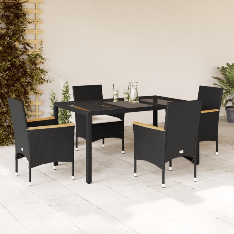 vidaXL Set comedor jardín 5 pzas cojines ratán sintético vidrio negro vidaXL Set comedor jardín 5 pzas cojines ratán sintético vidrio negro