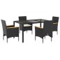 vidaXL Set comedor jardín 5 pzas cojines ratán sintético vidrio negro vidaXL Set comedor jardín 5 pzas cojines ratán sintético vidrio negro