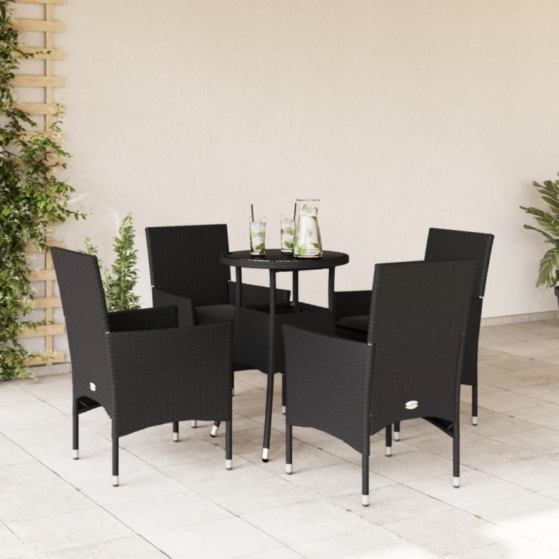 vidaXL Set comedor jardín 5 pzas cojines ratán sintético vidrio negro vidaXL Set comedor jardín 5 pzas cojines ratán sintético vidrio negro