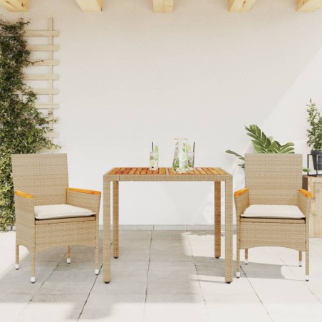 vidaXL Set de comedor jardín 3 pzas con cojines ratán PE acacia beige
