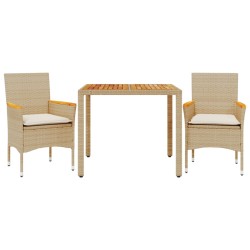 vidaXL Set de comedor jardín 3 pzas con cojines ratán PE acacia beige