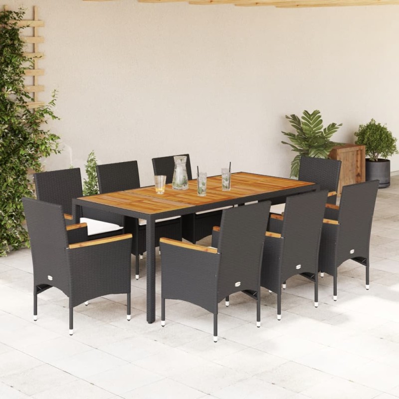 vidaXL Set de comedor jardín 9 pzas con cojines ratán PE acacia negro vidaXL Set de comedor jardín 9 pzas con cojines ratán PE acacia negro