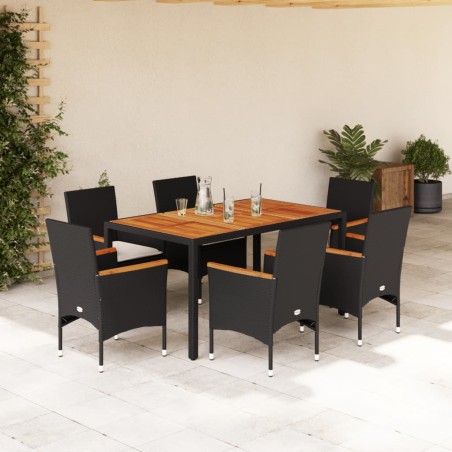 vidaXL Set de comedor jardín 7 pzas con cojines ratán PE acacia negro