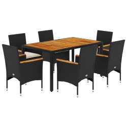 vidaXL Set de comedor jardín 7 pzas con cojines ratán PE acacia negro