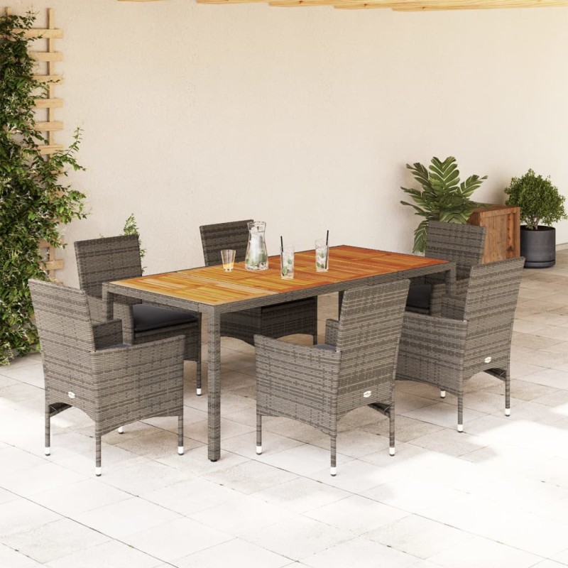 vidaXL Set de comedor jardín 7 pzas con cojines ratán PE acacia gris vidaXL Set de comedor jardín 7 pzas con cojines ratán PE acacia gris