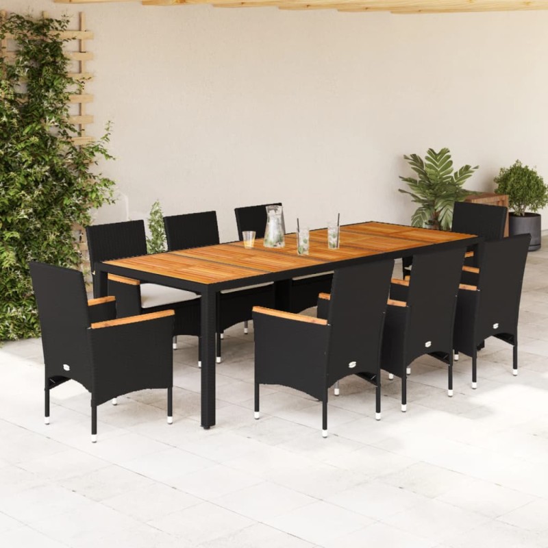 vidaXL Set de comedor jardín 9 pzas con cojines ratán PE acacia negro vidaXL Set de comedor jardín 9 pzas con cojines ratán PE acacia negro
