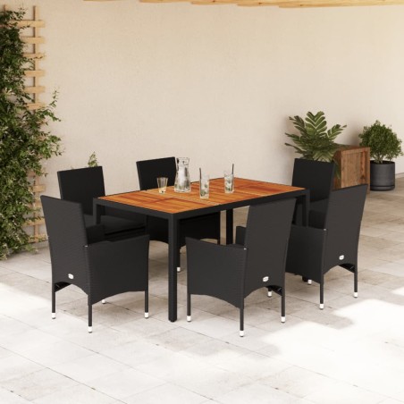 vidaXL Set de comedor jardín 7 pzas con cojines ratán PE acacia negro