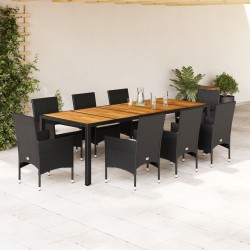 vidaXL Set de comedor jardín 9 pzas con cojines ratán PE acacia negro