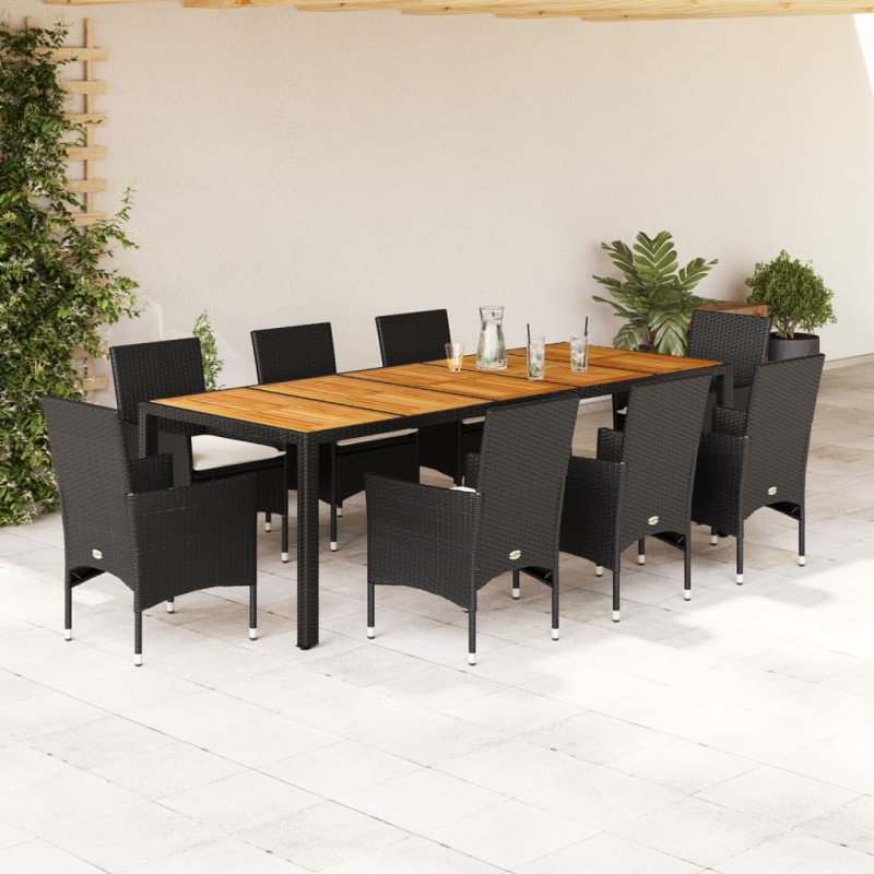 vidaXL Set de comedor jardín 9 pzas con cojines ratán PE acacia negro vidaXL Set de comedor jardín 9 pzas con cojines ratán PE acacia negro