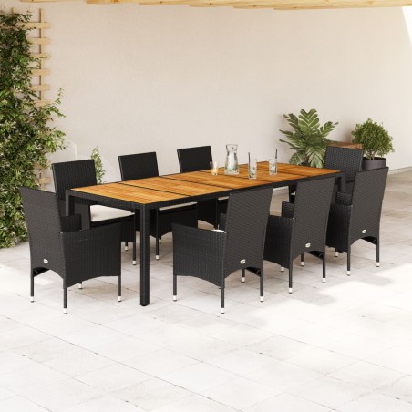 vidaXL Set de comedor jardín 9 pzas con cojines ratán PE acacia negro
