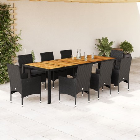 vidaXL Set de comedor jardín 9 pzas con cojines ratán PE acacia negro