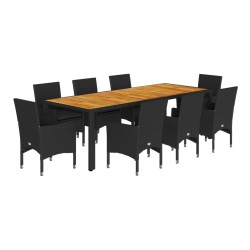 vidaXL Set de comedor jardín 9 pzas con cojines ratán PE acacia negro
