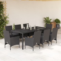 vidaXL Set comedor jardín 9 pzas cojines ratán sintético vidrio negro