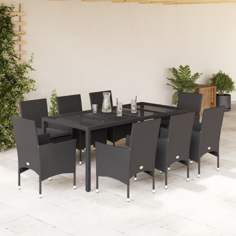 vidaXL Set comedor jardín 9 pzas cojines ratán sintético vidrio negro vidaXL Set comedor jardín 9 pzas cojines ratán sintético vidrio negro