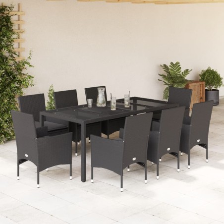 vidaXL Set comedor jardín 9 pzas cojines ratán sintético vidrio negro