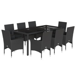 vidaXL Set comedor jardín 9 pzas cojines ratán sintético vidrio negro