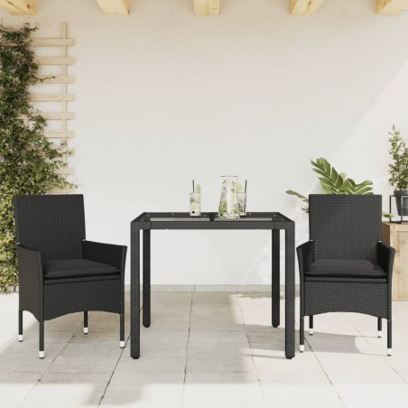 vidaXL Set comedor jardín 3 pzas cojines ratán sintético vidrio negro