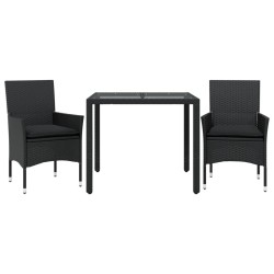 vidaXL Set comedor jardín 3 pzas cojines ratán sintético vidrio negro